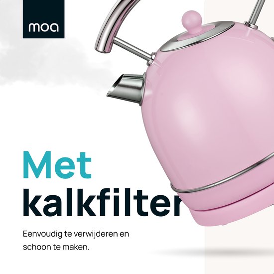 MOA Waterkoker Retro - 1,8 Liter - Elektrische Waterkoker - Anti Calcium Filter - BPA-vrij - RVS - 2200W - Pastel Roze