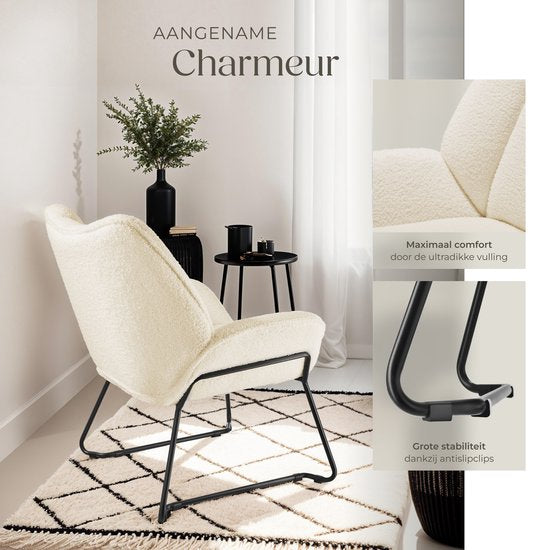 tectake® Loungefauteuil - Ronde relaxfauteuil - Teddyfauteuil - Gestoffeerde stoel - Bouclé bekleding - Leesfauteuil van pluche - Scandinavische stijl - creme wit