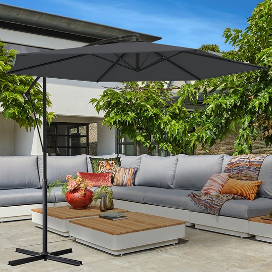 LifeGoods Zweefparasol - tot 8 Personen - Ø300cm - Waterdicht - met Hoes en Kruisvoet - Tuin of Strand - Donkergrijs