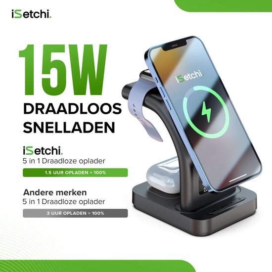 iSetchi MagSafe 5-in-1 Draadloze Oplader (15W USB-C snellader) - Met LED lamp, Digitale klok & Alarm functies - Geschikt voor iPhone, Apple iWatch & Airpods - Draadloos Qi Station - GSM Lader