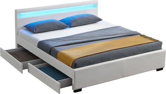 Juskys Gestoffeerd bed - 140 x 200 cm - Wit - LED Verlichting & Bedlades