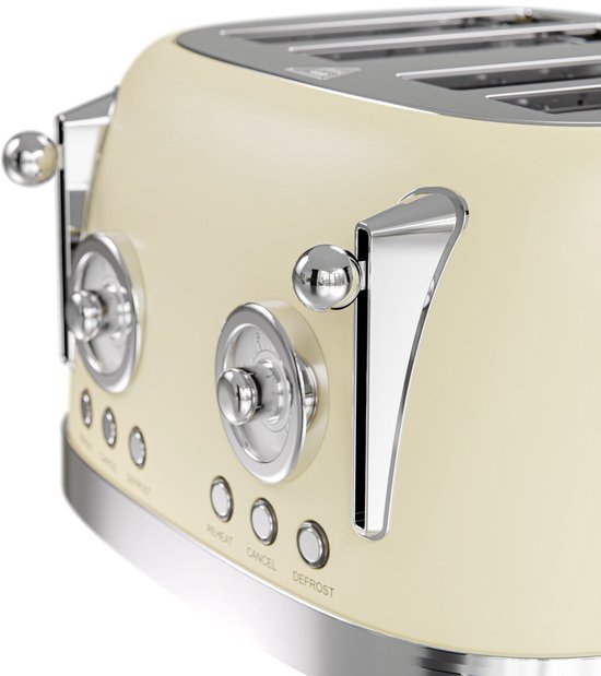 KitchenBrothers Retro Broodrooster - Toaster - 6 Warmteniveaus - 4 Extra Brede Sleuven - 815W - Beige