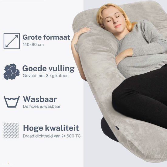 Earkings Zwangerschapskussen Zijslaapkussen 140x80cm U-vorm met Afneembare hoes - Body Pillow lichtgrijs