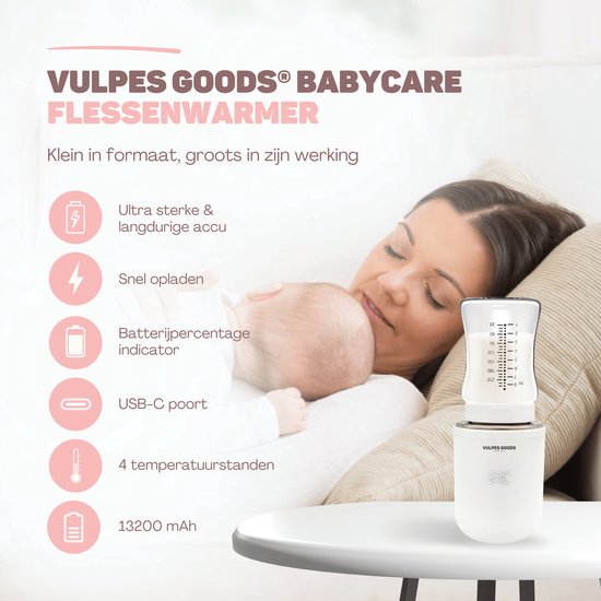 Vulpes Goods® BabyCare - Flessenwarmer Pro Max- Draagbare Baby Flessenwarmer voor Onderweg - Intelligente Flesverwarmer - 4 Temperatuurniveaus - Draadloos - Inclusief 6 Adapters - USB Oplaadbaar - 13.200 mAh - Wit