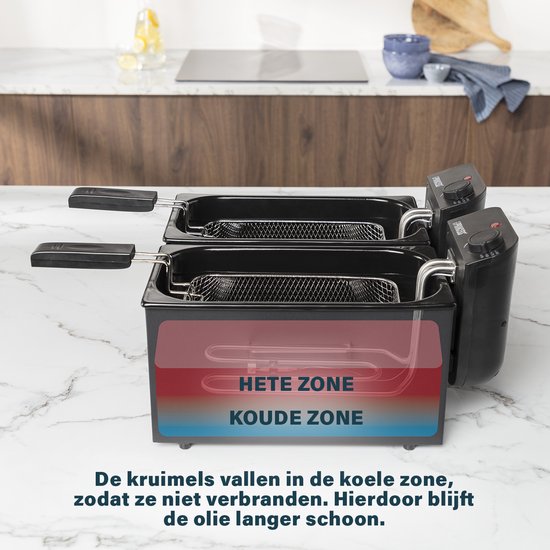 Princess Dubbele Frituurpan 183028 – Inhoud 2 x 3 liter - Koude Zone – 3600W - 2x regelbare thermostaat - Zwart