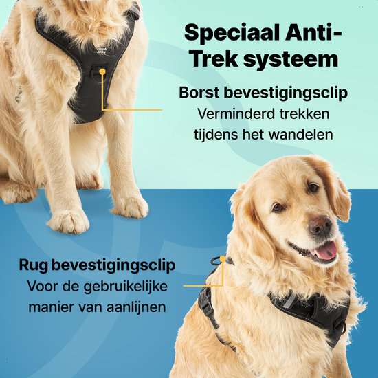 Jake and Jacky Hondentuigje - Anti-Trek Tuig - Hondenharnas - Y Tuig Hond - Reflecterend - Zwart - Maat XL