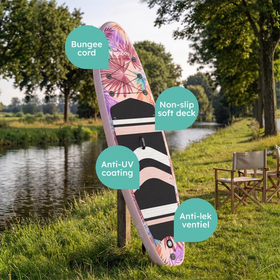 LifeGoods PaddlePro SUP Board - met Zitje - Opblaasbaar Paddle Board - Complete Set - Max. 150KG - 320x81cm - Tropical Roze