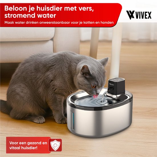 Vivex® Draadloze Drinkfontein - RVS - 4,5 Liter - Waterfontein voor Katten en Honden - Met Sensor en Accu - Incl. 6 Filters en cleaning - Fluisterstil