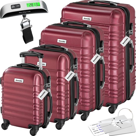 tectake® - 4-delige kofferset met harde schaal - Reiskofferset met wielen - ABS - Telescopisch handvat en slot - Inclusief bagageweger - Trolleymaten S-M-L-XL - Rood