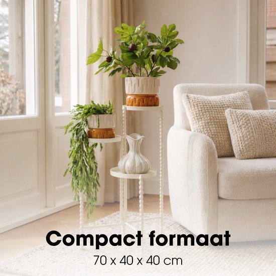 Mica Decorations Salvo Plantenrek - Plantenstandaard voor Kamerplanten - Plantentafeltje voor Binnen - Plantenonderzetter met Drie Plateaus - 40 x 40 x 70 cm - IJzer - Offwhite