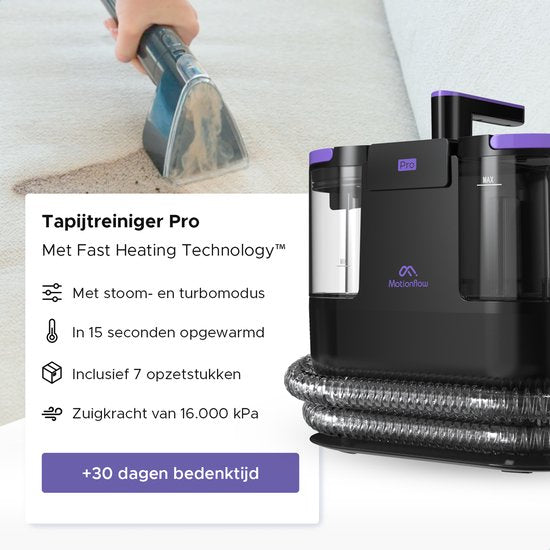 Motionflow Tapijtreiniger PRO – Stoomfunctie tot 100°C – 1700W - Zwart - Incl Opzetstukken