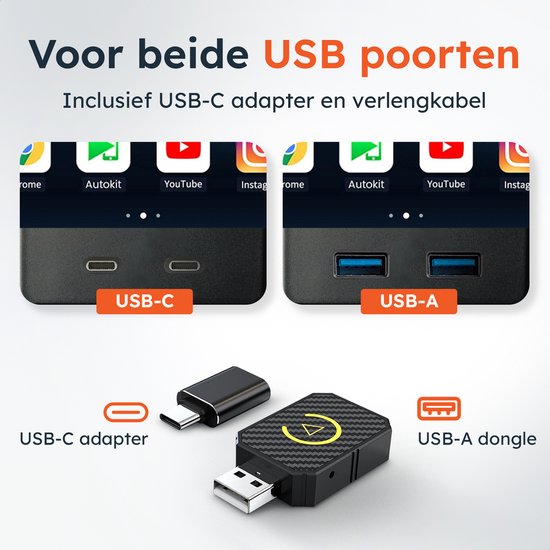 Draadloze CarPlay & android dongle - PRO mini - Apple - Android - Auto - Bluetooth - Draadloos - Wireless - Receiver - AirPlay - Compact - incl USB-C - Skoov