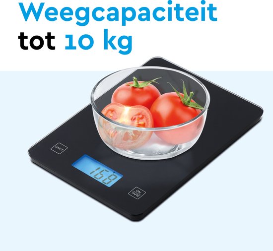 BRASQ Digitale keukenweegschaal Zwart - Inclusief batterijen - Weegschaal Keuken met Tarra-functie - Weegvermogen 10 KG - Precisie Weegschaal