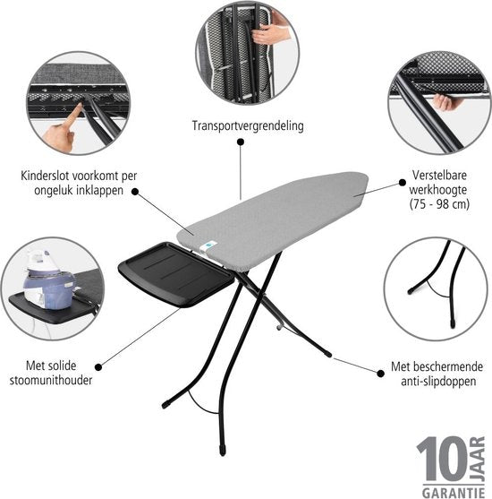 Brabantia Strijkplank C – XL 124 x 45 cm – Metallised – Met Stoomunithouder – Verstelbaar & Stabiel - Grijs