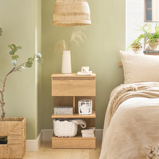SoBuy Set van 2 Bijzettafel, Nachtkastje met 1 Lade en 3 Planken, Multifunctionele Salontafel voor Slaapkamer of Woonkamer, Scandinavisch Design, Natuur Houtbruin, 39x65x39cm, FBT49-Nx2