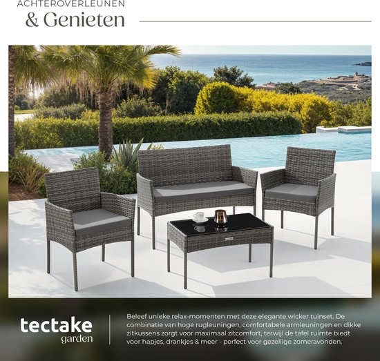 tectake® - Wicker tuinset Palese - Zitgroep voor 4 personen - Tuinmeubelset met loungebank, tuintafel en 2 tuinstoelen inclusief zitkussens - Tuinmeubelen - Waterafstotend - Grijs