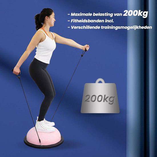 DH FitLife Balansbal, yoga balanstrainer, diameter van 60 x 22 cm, tot 200 kg belastbaar, halve gymnastiekbal, fitness balansboard,evenwichtsboard met pomp en 2 fitnessbanden