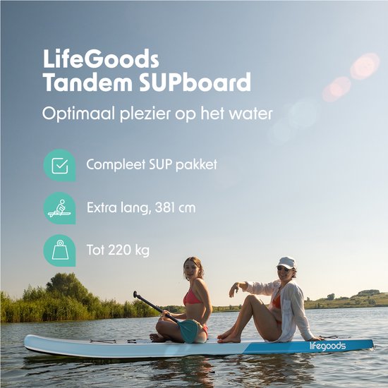 LifeGoods SUP Board Tandem - 2 Personen - 220 KG Draagkracht - 381 x 86 cm - Opblaasbaar - Compleet Sup pakket - Sky Blue