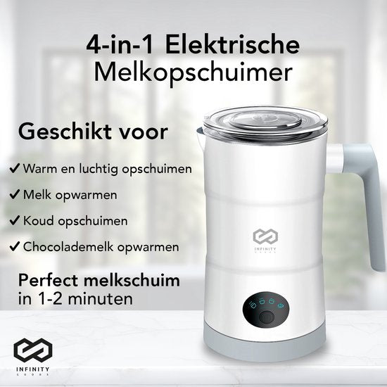 Infinity Goods 4-in-1 Elektrische Melkopschuimer - 350 ml - Opschuimen en verwarmen - Cappuccino - Vaatwasserbestendig - Wit