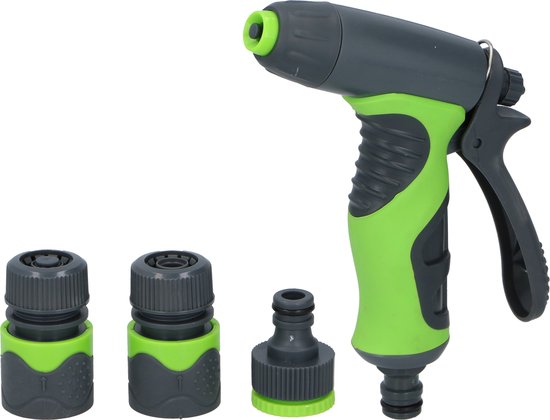 Kinzo 4-Delige Spuitpistool Set - Incl. 3 Verbindingsstukken voor Tuinslang - 8 Sproei-Standen - Soft-Grip Handgreep - Groen/Grijs