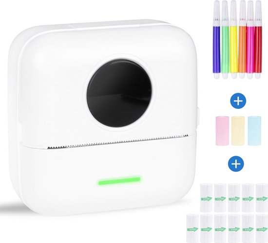 Mini Printer voor Mobiel - Incl. 6 Papierrollen, 5 Stickerrollen, 3 Kleurrollen en Kleurpennen - Mobiele Pocket Printer - Zonder Inkt - Draadloos - Wit