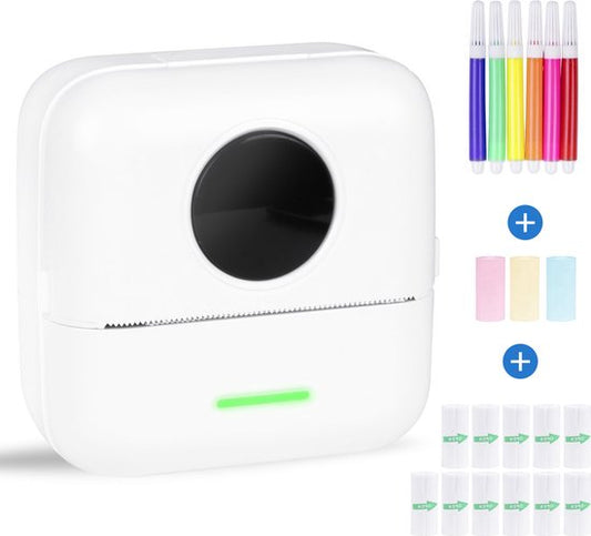Mini Printer voor Mobiel - Incl. 6 Papierrollen, 5 Stickerrollen, 3 Kleurrollen en Kleurpennen - Mobiele Pocket Printer - Zonder Inkt - Draadloos - Wit