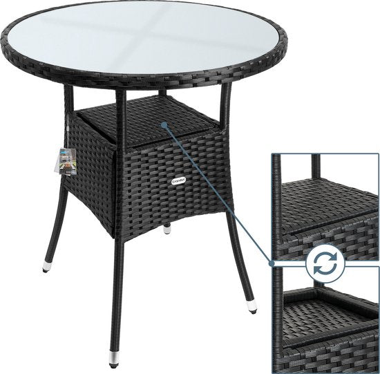Casaria Polyrattan Bijzettafel 60cm Rond - 5mm Veiligheidsglas \\u2013 Zwart