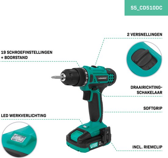 VONROC Accuboormachine 20V – 19 schroefstanden + boorstand - Incl. 2.0Ah accu, snellader en 46 accessoires in luxe koffer