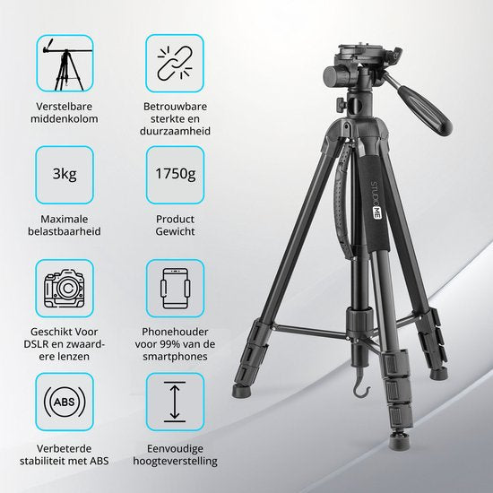 Studio ME Telefoon Statief - 179 cm - Camera Statief - Zwart - Monopod - Tripod Smartphone - Telefoonhouder - Tripod Iphone - Statief Telefoon / Camera / DSLR