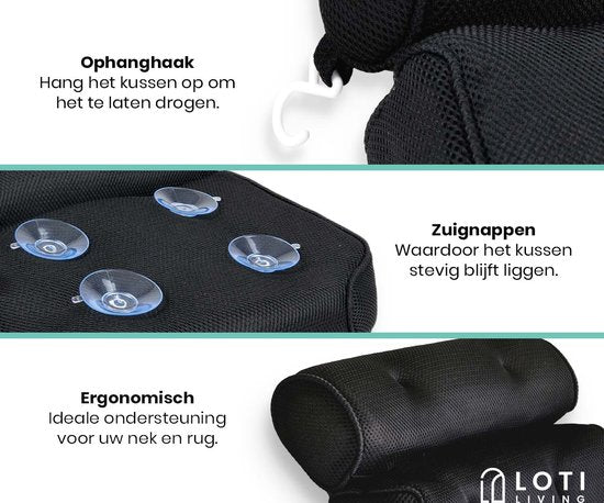 Loti Living Badkussen voor in bad – Badkussen – Nekkussen bad – Hoofdsteun bad – Badkussen met zuignappen – 6 Zuignappen – Ergonomisch nekkussen – Antislip - Zwart
