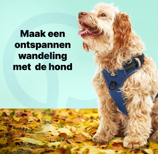 Jake and Jacky Hondentuigje - Anti-Trek Tuig - Hondenharnas - Y Tuig Hond - Reflecterend - Blauw - Maat M