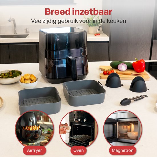 AoraKitchen Airfryer Bakjes Siliconen - 20cm - 5 Delig - Airfryer Accessoires - Incl. Wanten & Tang