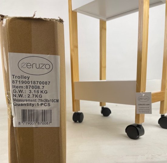 Ceruzo Opbergtrolley - Verrijdbaar Keukenrek - 3 etages-Bamboe en MDF -incl. wielen 29x20xH80 cm