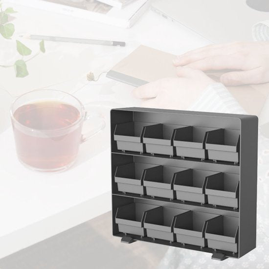 BRASQ Thee Organizer Zwart TB200 - Theedoos 12 vaks - keukenorganizer - Theedoos - Theezakjeshouder - Ruimtebesparend Opbergsysteem