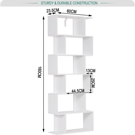 Woltu 6-vaks Boekenkast Wit 60 x 160 x 23,5 cm – Moderne open kast met speels design