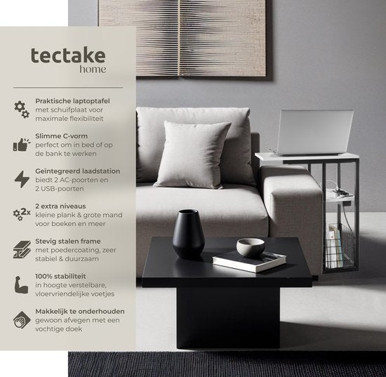 tectake® Laptoptafel met laadstation - Incl. stekkerdoos – C-Vormige computertafel - Bijzettafel - Nachtkastje - Met krantenstandaard en extra plankje - Wit