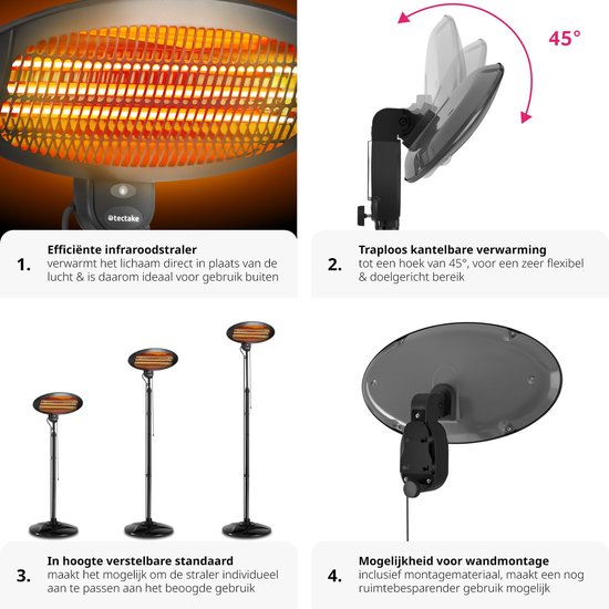 tectake® - Infraroodstraler - Luchtverhitter met stand- of wandmontage - Warmtelamp voor babyverschoontafel - Verwarmer badkamer - Infraroodstraler terras - Elektrische kachel - 2000W - 3 niveaus