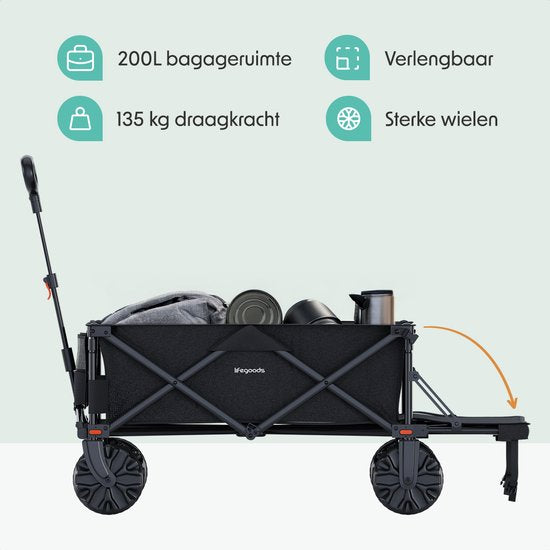 LifeGoods Bolderkar - Opvouwbare Bolderwagen - 130KG - 200L - Uitklapbaar - Met Beschermhoes - Zwart