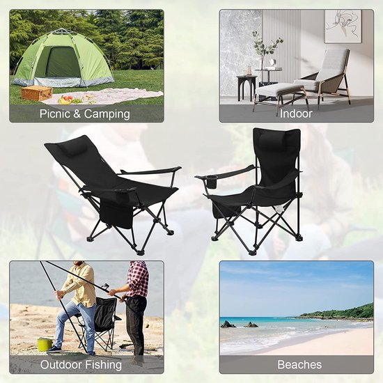 Campingstoel, inklapbare klapstoel, visstoel, lichte strandstoel, vouwstoel met rugleuning, bekerhouder, opbergtas, 150 kg belastbaar, zwart