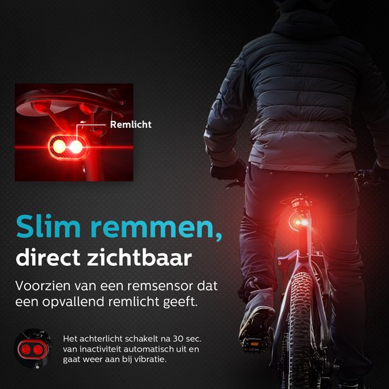 Inlustro Smart Fietslamp Set - Achterlicht met Remsensor / Zadelbevestiging - LED Fietslampjes Rood en Wit - Fietslicht Koplamp Voorlicht - USB Oplaadbaar / Waterdicht