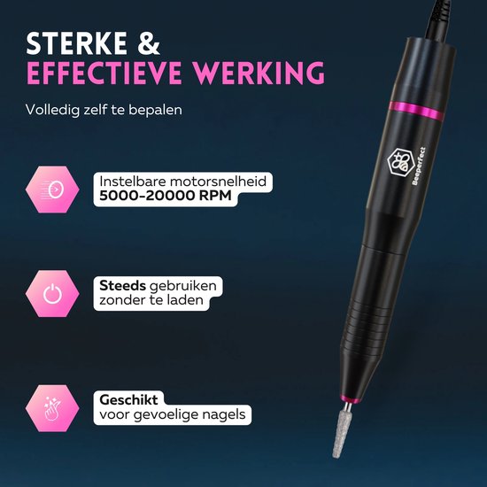 Beeperfect® Elektrische Nagelvijl - Nagelfrees - Manicure en Pedicure set - 12 Bitjes en 60 Schuurrolletjes - 4 Extra accessoires - Zwart