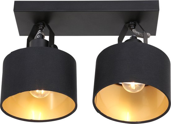 2 Lichts Spot Ornoir 3334ZW Zwart met Goudkleurige Lampenkapjes, Draaibaar en Kantelbaar, Metaal en Textiel, Modern, Mexlite, Binnen