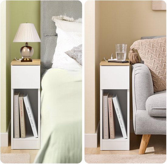 SoBuy Slim Nachtkastje met Oplaadstation, Smal Bijzettafeltje met Standaard Stopcontact, USB-poort en Type-C Poort voor Slaapkamer en Woonkamer, B20 x D35 x H60 cm, Wit, FBT111-E-WN