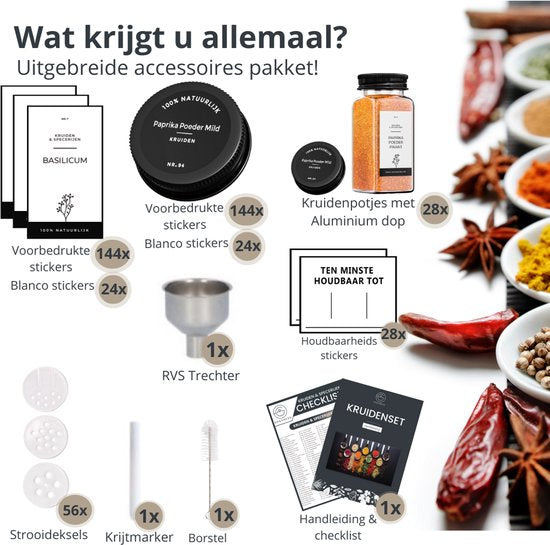 Organess 28 Glazen Kruidenpotjes Vierkant met Zwarte Deksel – 3 Soorten Strooideksels – Kruidenstrooier – Spice Jars – Complete Set incl Kruiden Stickers, Krijtstift en Accessoires – 120ml