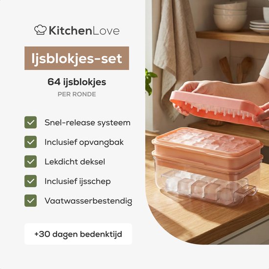 KitchenLove IJsblokjesmaker - IJsblokjesvorm met Deksel & IJsschep - 64 IJsblokjes