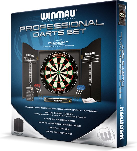 WINMAU - Professionele Dart Set met Diamond Plus Bristle Dartbord, Zwarte Kast, met 2 sets darts en officiële oche-lijn