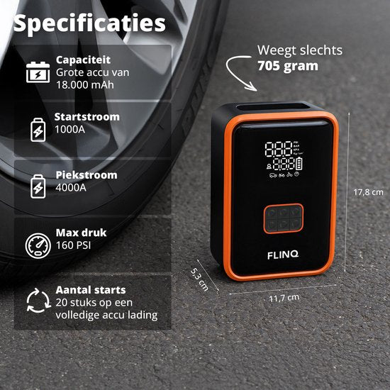 FlinQ 12V Jumpstarter voor Auto & Motor - 4-in-1 Luchtcompressor, LED Zaklamp, SOS Noodlicht & Powerbank - Elektrische Bandenpomp - Starthulp - Incl Opbergtas