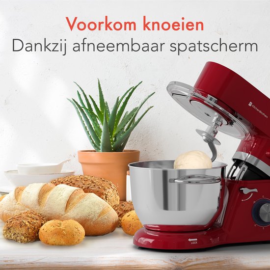 KitchenBrothers Keukenrobot - Display en Timer - Keukenrobot - 6,2L - Keukenmixer - 1400W - Rood