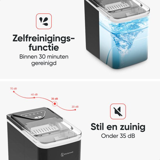 Kitchenwell IJsblokjesmachine – 2L - IJsblokjesmaker met IJsschep – 12kg/24 uur – Zelfreinigingsfunctie - Zwart