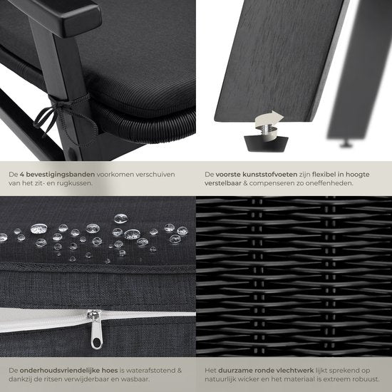 tectake® Tuinstoel - Houten Stoel voor Balkon of Tuin - Rieten zitting - Buitenfauteuil - Draagvermogen tot 150kg - Stoel voor binnen of buiten - Incl. kussen - zwart
